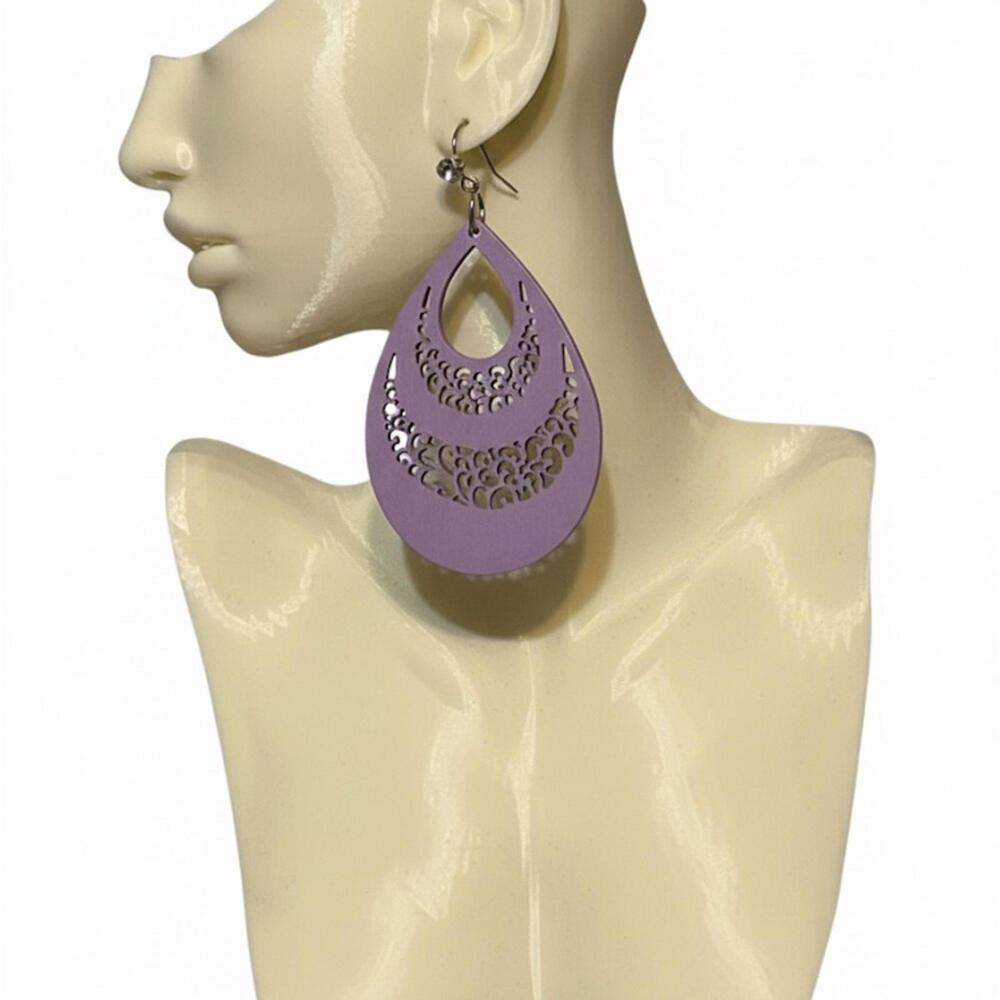 Purple Wooden Teardrop Earrings with Intricate Cutout Design